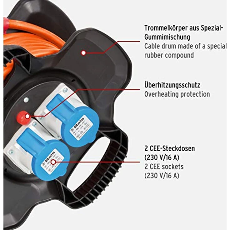 Brennenstuhl E-Kabeltrommel X-Gum - Camping-Kabeltrommel mit 10m Kabel in orange (Caravan-Kabeltrommel mit 2 E Steckdosen + 3 Schutzkontakt-Steckdosen) - 116973010 – Bild 2