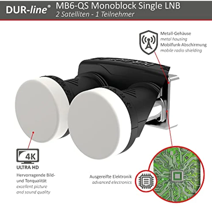 DUR-line 6° Monoblock Single LNB - Astra 19,2°E + Hotbird 13°E - 1 Teilnehmer & 2 Satelliten (MB6-US) - Doppel-LNC mit integriertem DiSEqC - Full HD, 4K, 8K, 3D - Wetterfest + Mobilfunk-Abschirmung – Bild 4
