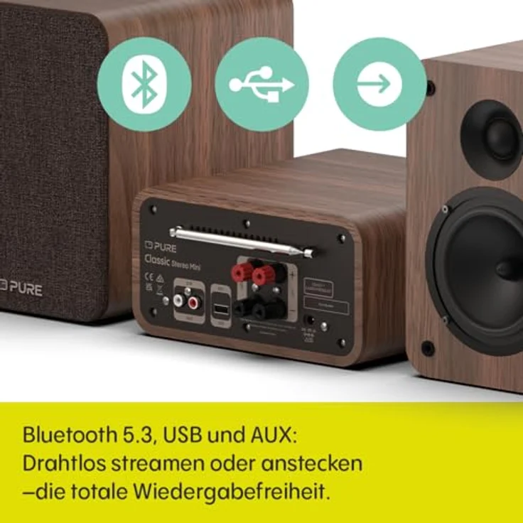 PURE Classic Stereo Mini Kompaktanlage, DAB+ & FM-Radio, CD-Player, Bluetooth 5.3, 2x20W Lautsprecher, braun – Bild 3