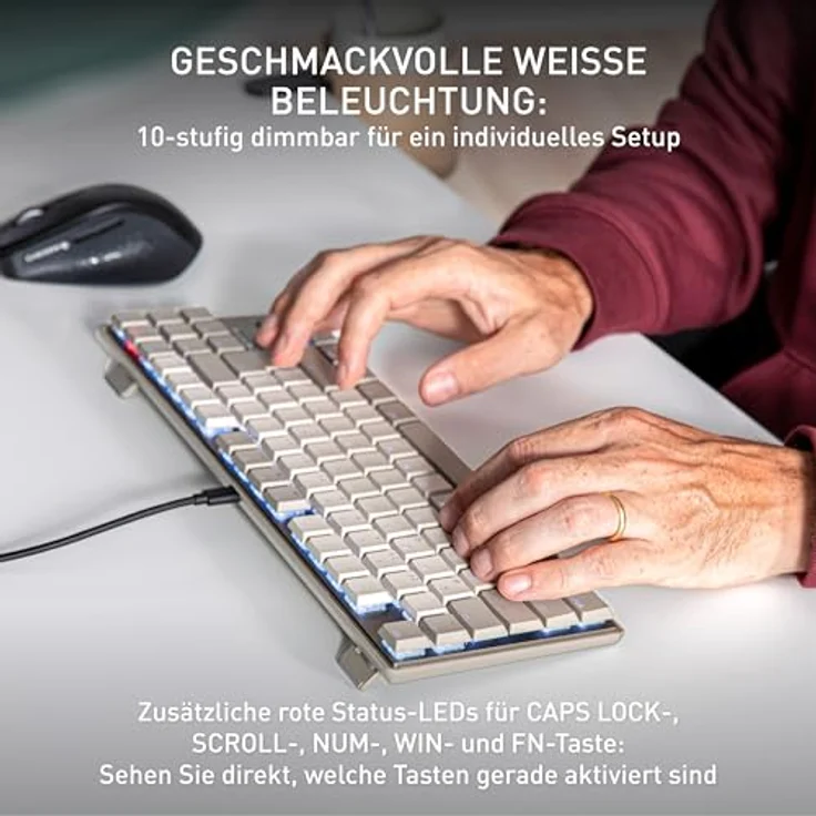 CHERRY KC 500 MX LP TKL, Mechanische Low-Profile-Tastatur ohne Nummernblock, Deutsches Layout (QWERTZ), Kabelgebunden (USB-A), 10-stufige weiße Beleuchtung, Graue PBT-Tastenkappen, MX LP 2.0 Ivory Switches – Bild 4
