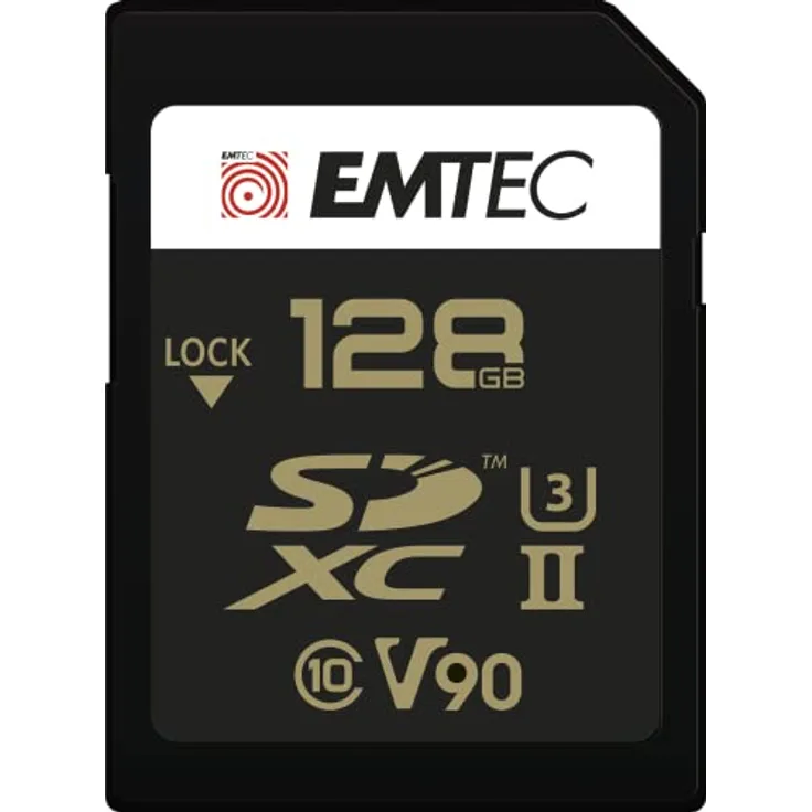 EMTEC - SDXC UHS-II U3 V90 SpeedIN Pro+ ECMSD128GUHS2V90 – Speicherkarte – Serien-Fotos, Full HD, 3D, 4K, 8K UHD – Speicherkapazität 128 GB, 128 GB – 2 Reihen PIN auf der Rückseite – Schwarz/Gold