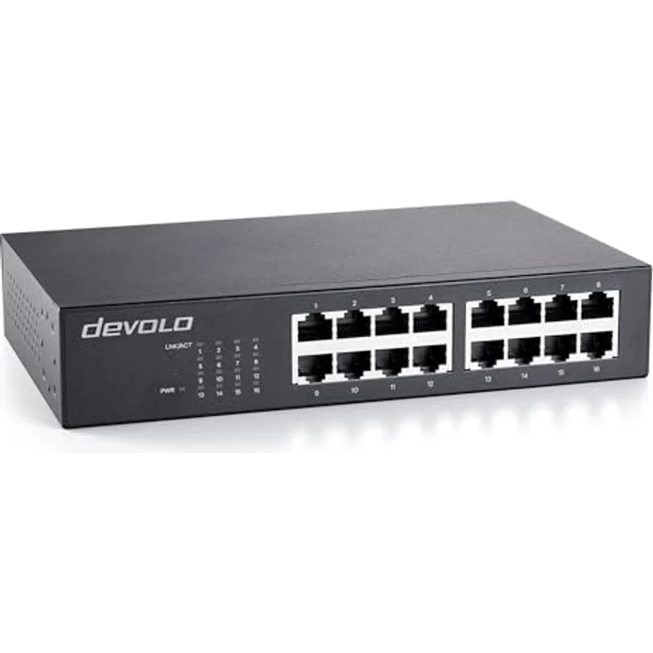 Devolo Gigabit Ethernet Switch 16 Port unmanaged LAN Switch Netzwerk Switch LAN Verteiler 1000 Mbit/s lüfterlos, leichte Installation und flüsterleiser Betrieb – Bild 1