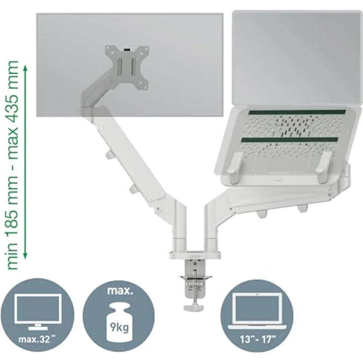 Leitz Ergo Doppel-Monitorarm mit Laptophalterung, platzsparend für 17–32 Zoll, dreh- und kippschonend, 18 kg Tragkraft, Hellgrau, 65380085 – Bild 4