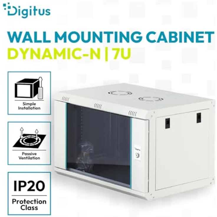 DIGITUS Netzwerkschrank 19-Zoll Rack 7HE, unmontiert für Wandmontage, 450 mm Tiefe, 60 kg Traglast, abschließbare Glastür, Dynamic-N Serie, Grau – Bild 2