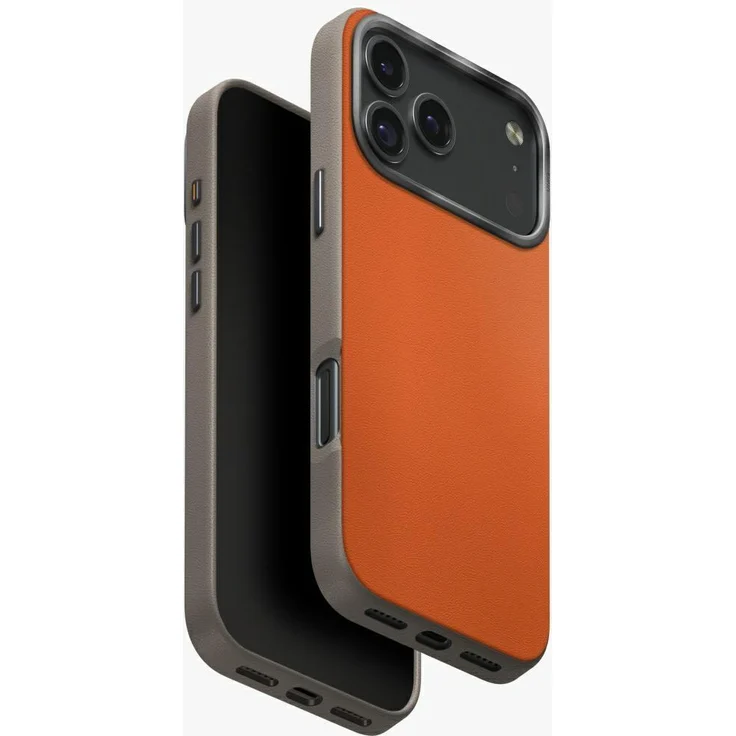 Uniq Lyden DS Case für iPhone 17 Pro Max, Kunstleder/TPU Hülle mit Magnetverschluss, elegant in Grau und Orange