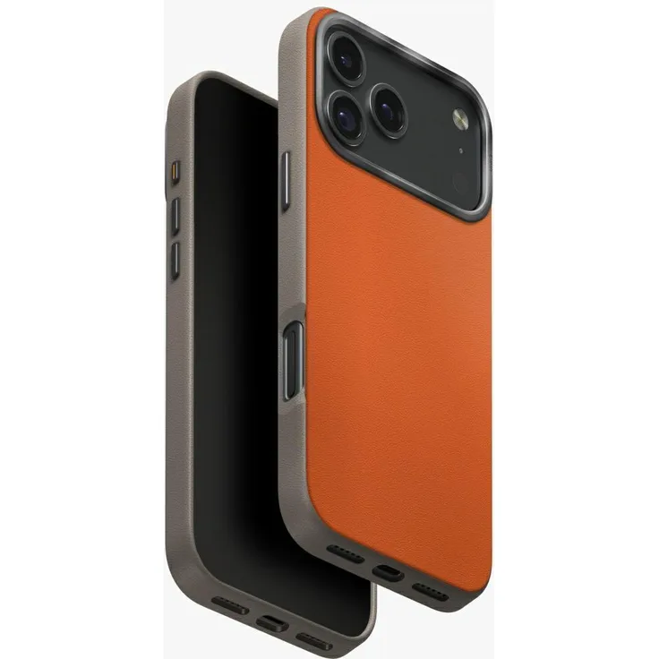 Uniq Lyden DS Case für iPhone 17 Pro Max, Kunstleder/TPU Hülle mit Magnetverschluss, elegant in Grau und Orange