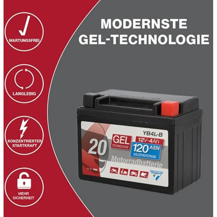 Cartec Gel Motorradbatterie YB4L-B, 4Ah 120A, wartungsfrei und auslaufsicher mit hoher Startkraft – Bild 4