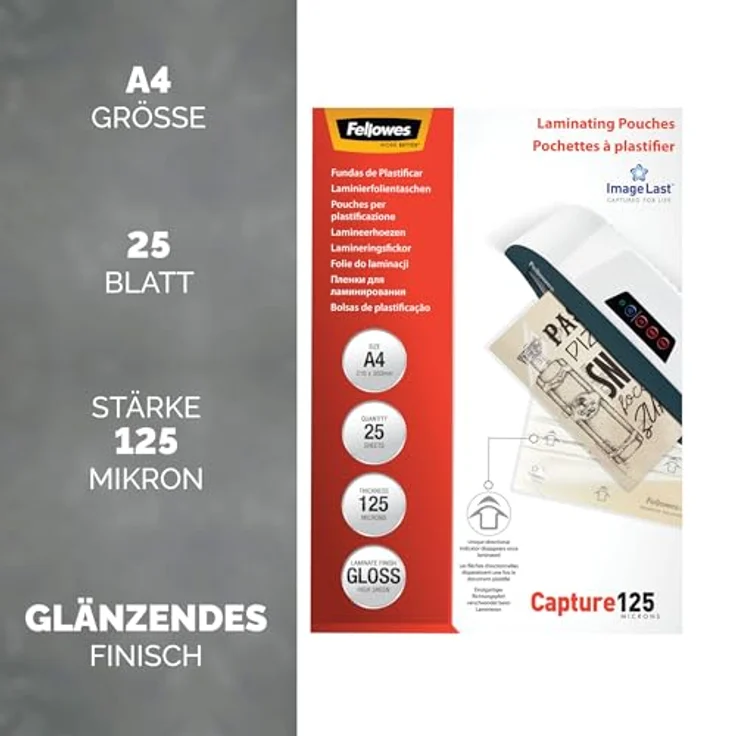 Fellowes Capture125 ImageLast Laminierfolien glänzend, A4 125 micron, 25 St. für Heißlamination – Bild 2