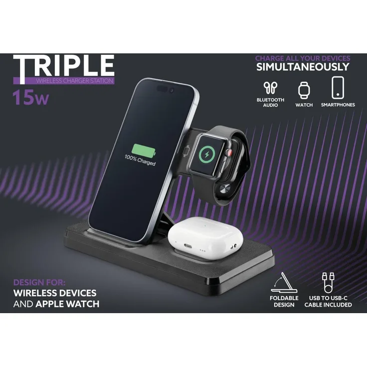 Cellularline Triple Wireless Charger 3in1 Black (61043), 15W Wireless Charger