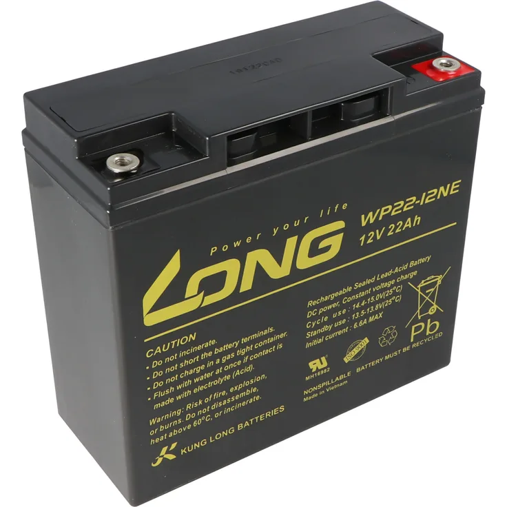 Kung Long WP22-12NE, Blei-Akku 12V 22Ah, wartungsfrei, rüttelfest, M6 Innengewinde, 181x76x167mm
