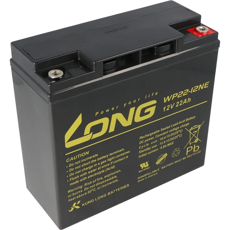 Kung Long WP22-12NE, Blei-Akku 12V 22Ah, wartungsfrei, rüttelfest, M6 Innengewinde, 181x76x167mm