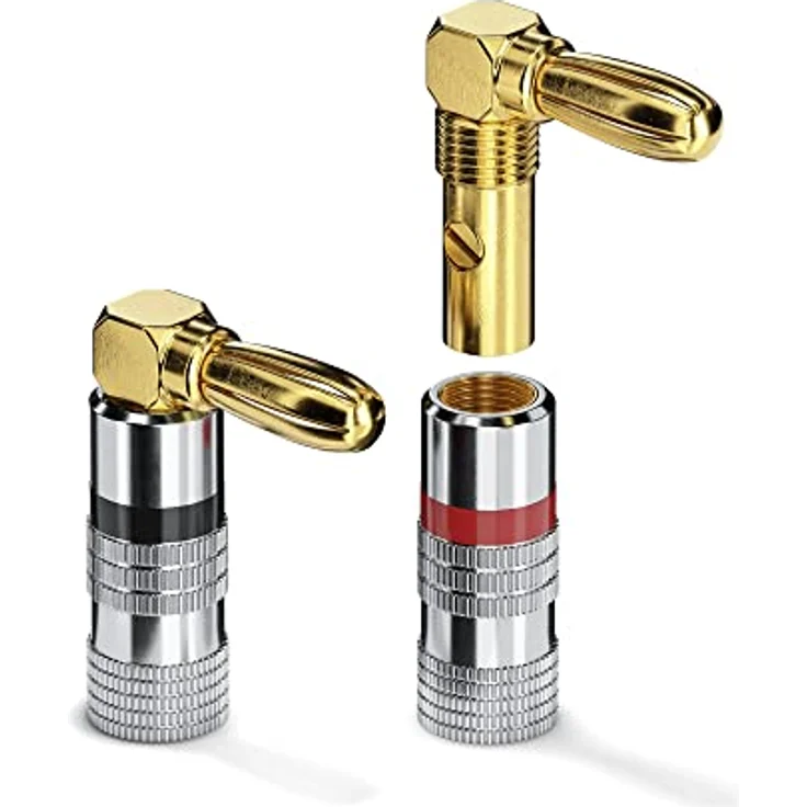 conecto Bananenstecker 4er-Set, 90° gewinkelter Stecker, für alle Lautsprecherkabel mit einem Durchmesser bis max. 6mm², 4 Stück mit Farbcodierung (2x rot, 2x schwarz), 24kt vergoldet – Bild 8