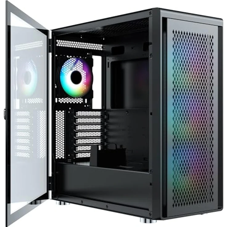 SILENTWARE Silentware Air 100 Midi Tower PC-Gehäuse, Große Metall Mesh-Front, gehärtetes Glas-Seitenfenster, 4x 120mm A-RGB Hydro-Lager Lüfter, GPU bis 383mm, abnehmbarer Mesh Deckel, ATX Netzteil, Schwarz – Bild 3