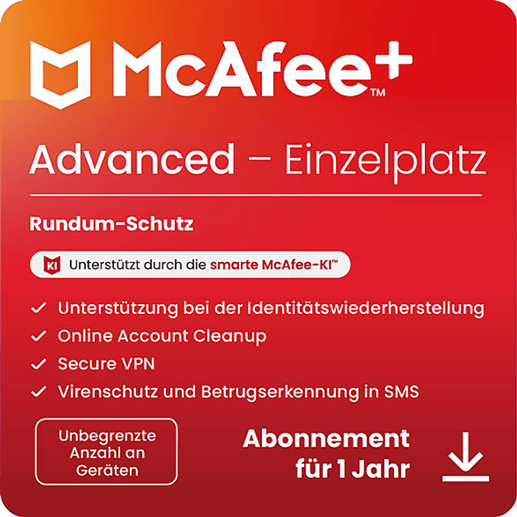 McAfee+ Advanced, Antivirus und Internet-Sicherheitssoftware für unbegrenzte Geräte, 1-Jahres-Abo mit KI-gestütztem Virenschutz, Identitätsüberwachung und Secure VPN