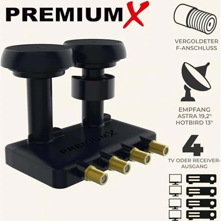 Premium X Monoblock Quad PXMB-6Q LNB 0,1dB Astra 19,2° Hotbird 13° HDTV FullHD 3D und Ultra HD 4K tauglich für 4 Teilnehmer – Bild 3