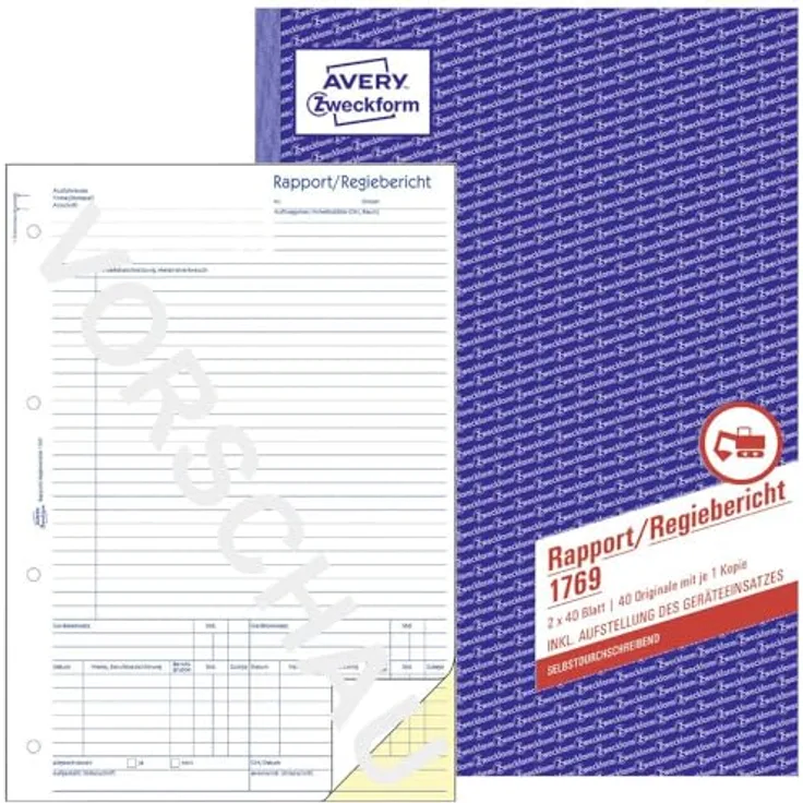 Avery Zweckform Regiebericht Formular 1769, DIN A4, 2x40 Blatt, selbstdurchschreibend, gelb, FSC-zertifiziert