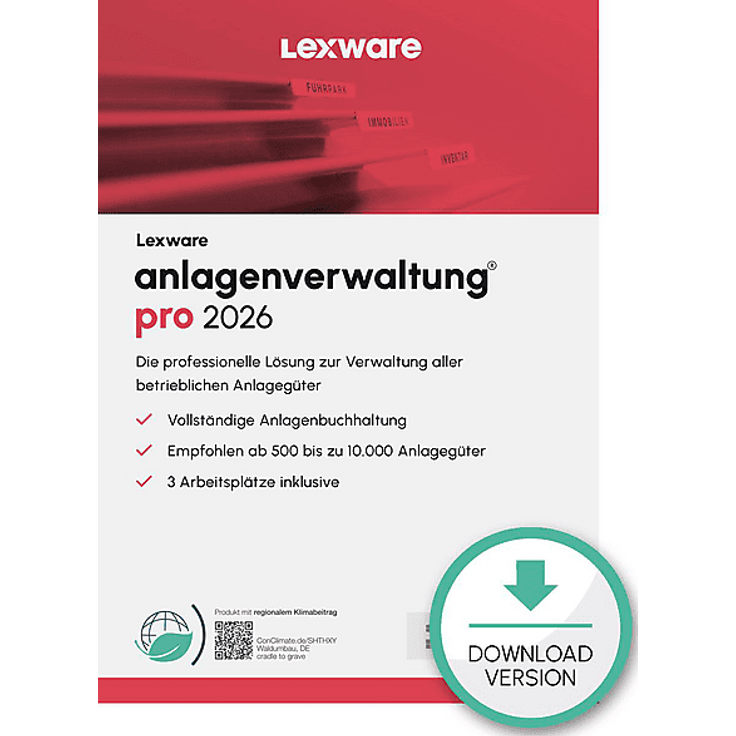 LEXWARE ANLAGENVERWALTUNG PRO 2026, Steuersoftware für PC mit Abschreibungsarten, Berichten und Netzwerkfähigkeiten, 365-TAGE Lizenz