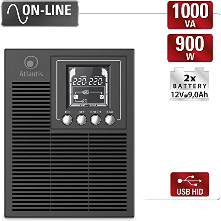 Atlantis A03-OP1002 USV OnLine USV-Server Doppelwandler Reine Sinuswelle 1000VA 900W, Tower, LCD-Display, USB, RS-232 seriell, 4 IEC-Ausgänge, EPO-Port, SNMP-Steckplatz, 2x12V-9Ah – Bild 2