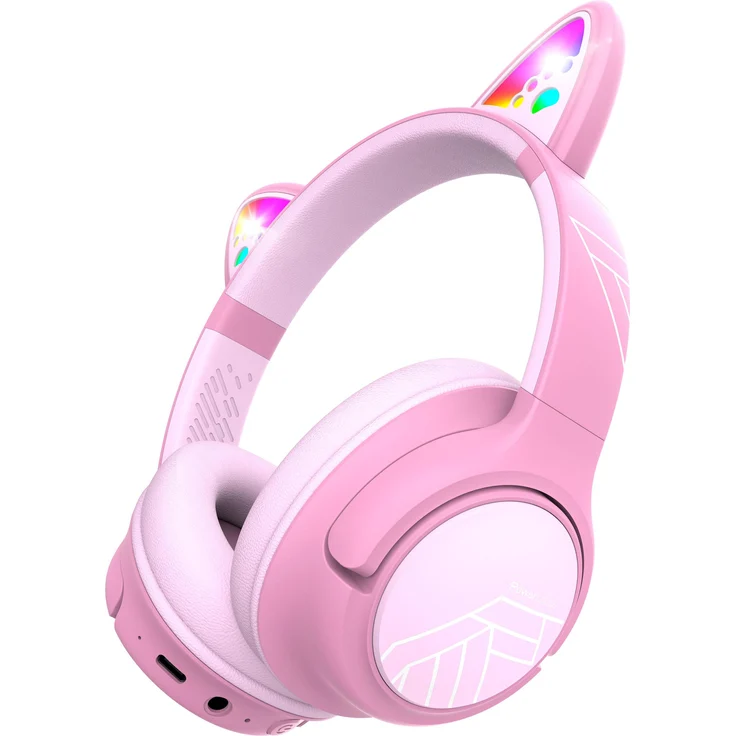 PowerLocus Bobo Bluetooth-Kinderkopfhörer, pink, mit LED-Leuchten, drei Lautstärkebegrenzungen, hypoallergen und faltbar