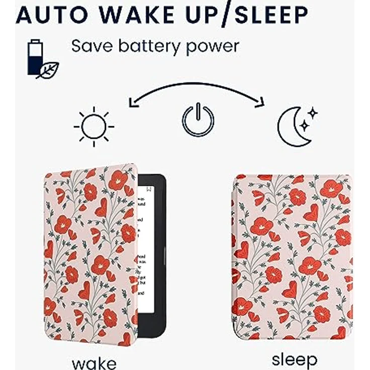 kwmobile Klapphülle kompatibel mit Kobo Clara 2E / Tolino Shine 4 Hülle - eReader Case - Mohnblumen Rot Grün Beige – Bild 3