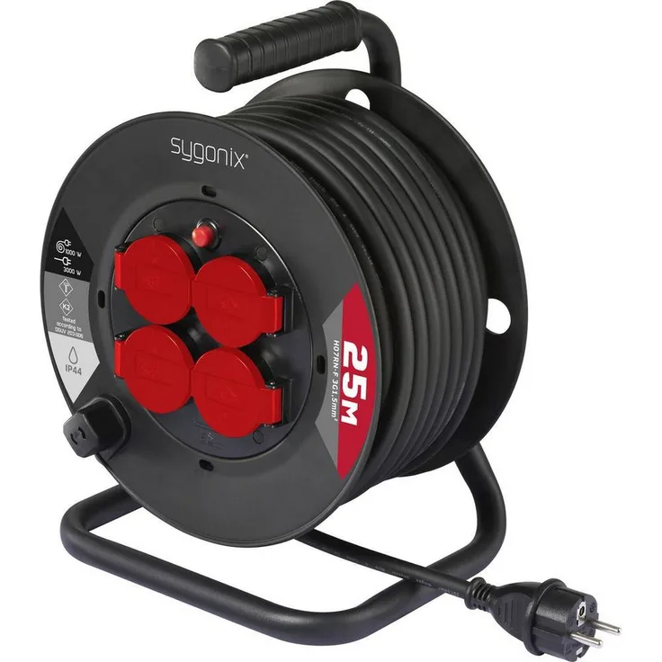 Sygonix SY-10236129 Kabeltrommel, 25 m Verlängerungskabel, Schwarz mit Schutzkontakt-Stecker