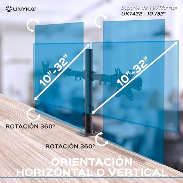 Unykach Dual-Tischhalterung UK1422 für 2 Flach- und Curved-Bildschirme (10-32 Zoll), verstellbar und drehbar, VESA max. 100 x 100 mm, bis 10 kg – Bild 2