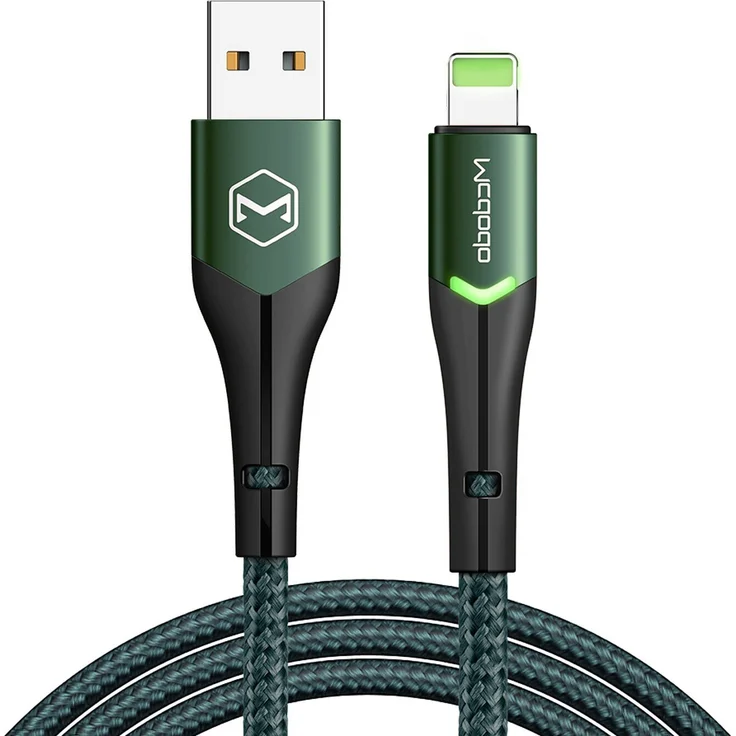 MCDODO Magnificence USB Blitz Schnellladekabel 36W für iPhone 13/14, 2m, grün mit LED-Beleuchtung