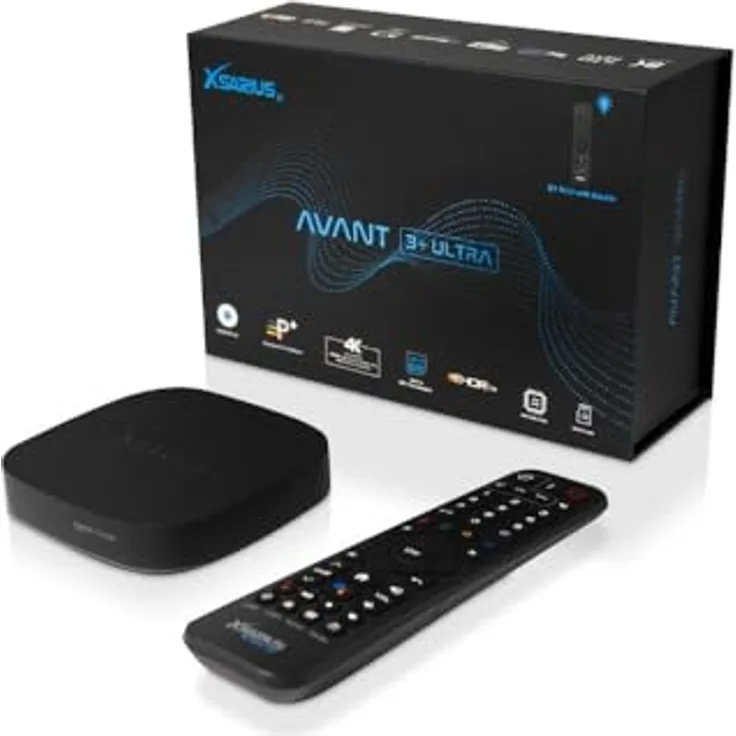 Xsarius Avant 3+ Ultra Black 4K Android 11 TV Box, Gigabit LAN, Bluetooth 5.2, WLAN WiFi 6, 2in1 Bluetooth Fernbedienung, LIVETV App, H.265, HDR10+, 4GB, 32GB, SD-Karten-Slot + HM-SAT HDMI Kabel