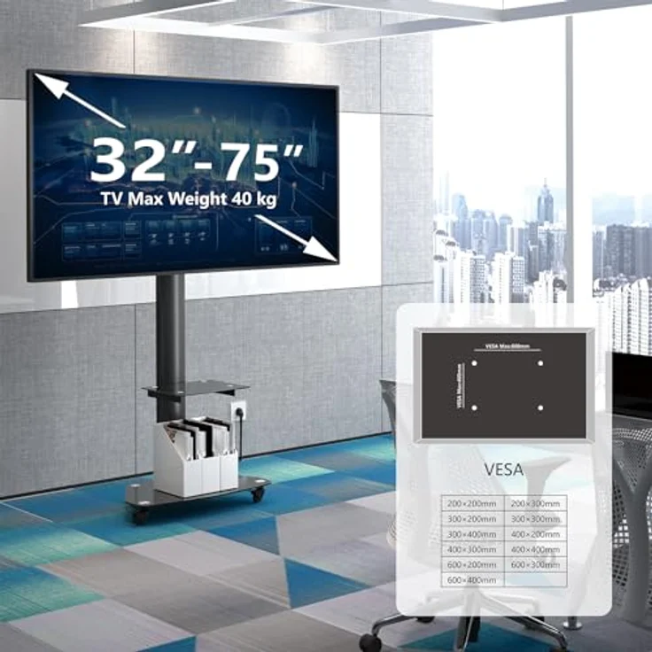 XTRARM Proton 300 mobiler TV Ständer mit Ablage, 37-70 Zoll, VESA-Größen, bis 209 cm Höhe, Schwarz – Bild 2