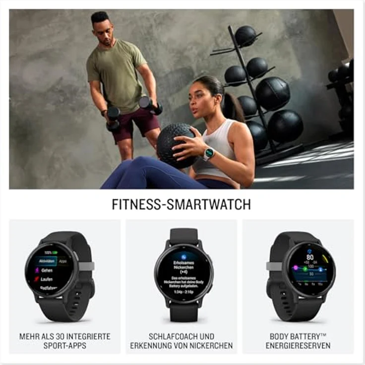 Garmin Vivoactive 5 AMOLED GPS Smartwatch mit Fitness- und Gesundheistfunktion, Musik, Schwarz/Schiefergrau mit Silikonarmband – Bild 2