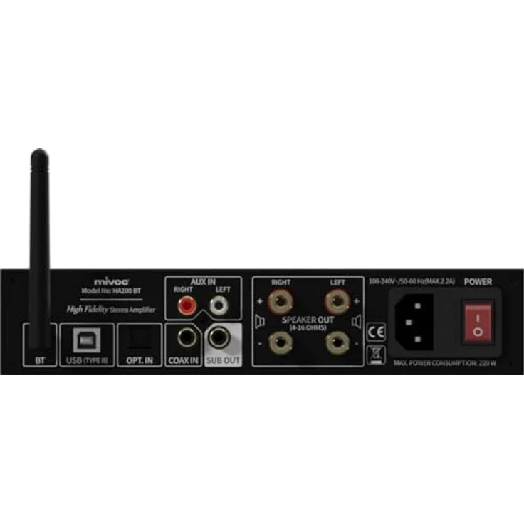 mivoc HA200 BT HiFi Verstärker, Stereo Verstärker, 2x100W, Bluetooth, optischer Eingang, Subwoofer Ausgang, schwarz – Bild 4