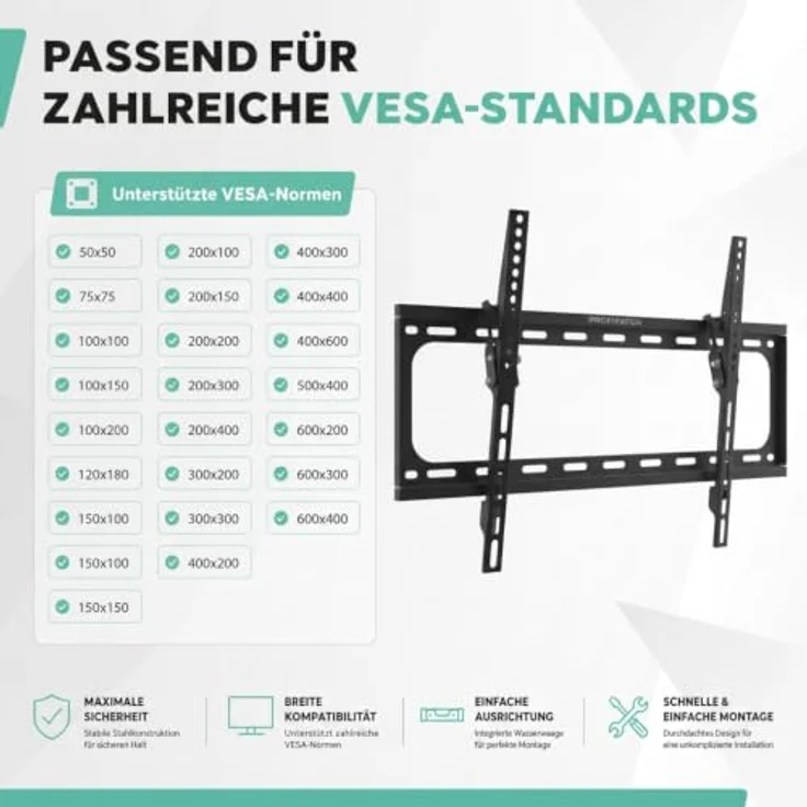 Profipatch TV Halterung Slim, für TVs 37-70 Zoll bis 60 kg Tragkraft, schwarze feste Montage – Bild 3