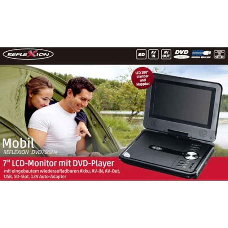 Reflexion DVD7002N, Portabler DVD-Player mit 7 Zoll Bildschirm, eingebautem Akku, AV-IN, AV-Out, USB, SD-Slot, 12V Auto-Adapter, schwarz – Bild 5