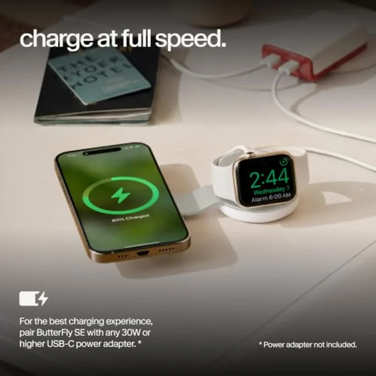 Twelve South ButterFly SE 2-in-1 Qi2 kabelloses Ladegerät in Grau – Unterstützt iPhones, Apple Watch und AirPods – Inklusive geflochtenem USB-C-Ladekabel, nutzbar mit 30W+ USB-C-Netzteil – Bild 6