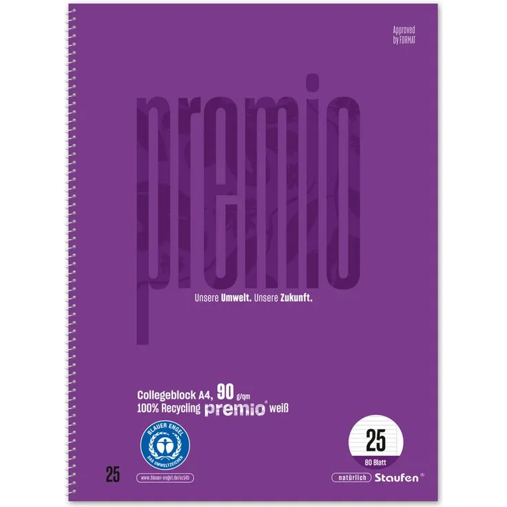 Staufen Collegeblock Premio A4, 80 Blatt liniert mit Rand, 4-fach gelocht, 90 g/m², violett, Blauer Engel