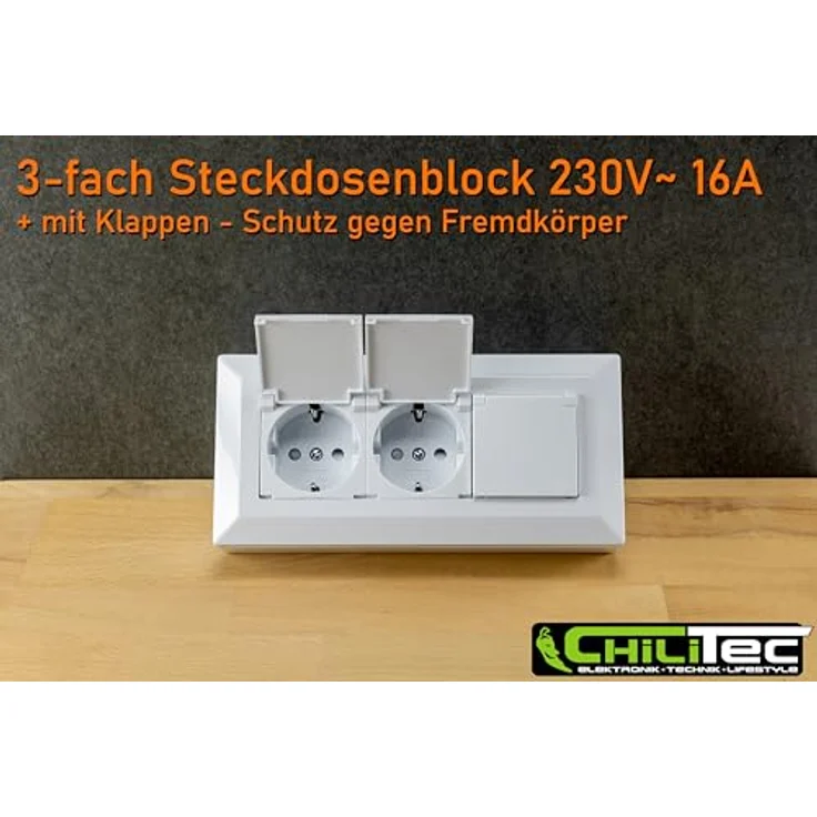 ChiliTec Steckdosenblock 3-Fach, Mehrfachsteckdose mit Klappdeckel, 230V, Schutzkontaktsteckdosen, weiß – Bild 4