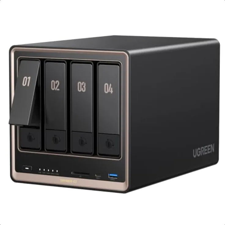 UGREEN NASync DXP4800 GT 4-Bay Desktop NAS, AMD Ryzen R2514, Dual 10GbE, 8GB DDR4 RAM (erweiterbar bis 64GB), ECC-Support, U.2 & M.2 Slots, diskless für Creator, Teams & Zuhause