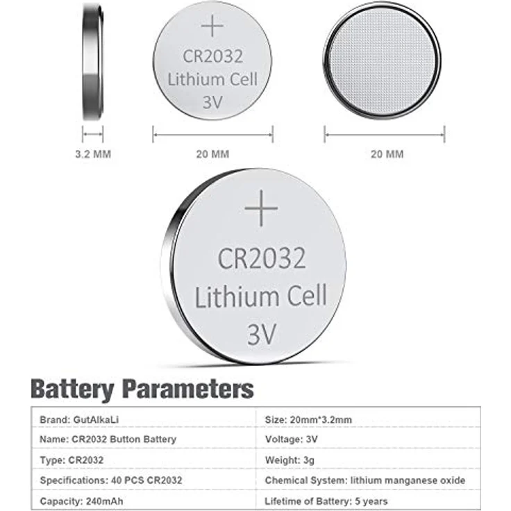GutAlkaLi CR2032 Lithium Knopfzellen, 3V, hohe Kapazität 240 mAh, 40er Pack – Bild 2