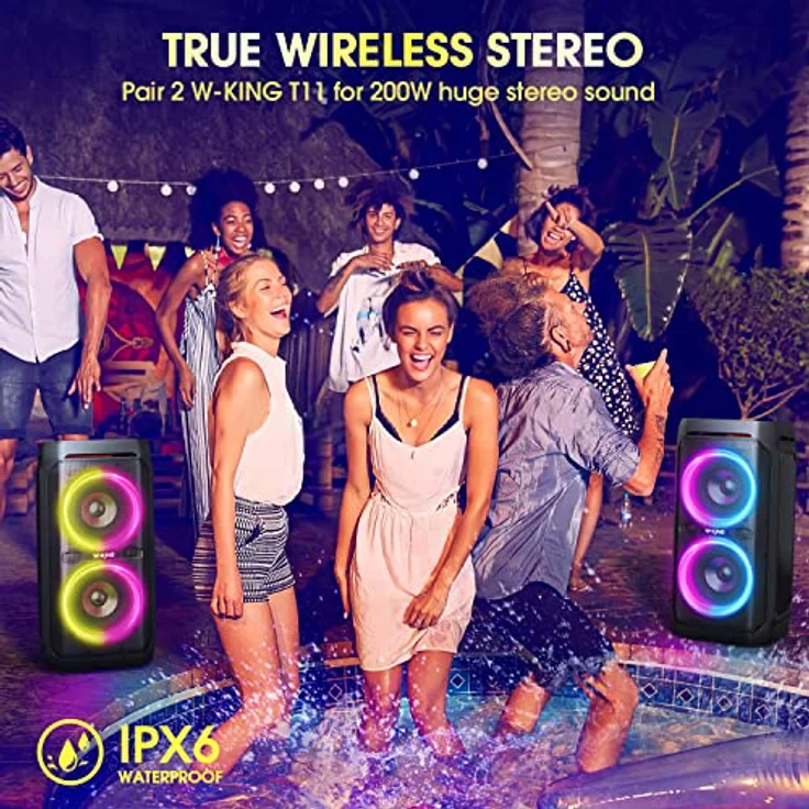 W-KING T11 100W Lautsprecher Groß V5.3, IPX6 Bluetooth Box Wasserdichter Party Musikbox with Deep Bass/110dB Huge Sound/DSP/Licht/Mikrofon- und Gitarrensteckplatz/Echo, Adapter Enthalten – Bild 5