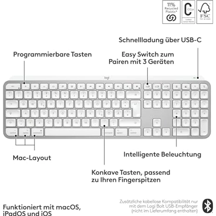 Logitech MX Keys S for Mac (DE, Kabellos), Tastatur, Grau mit Apple-Oberflächen und Logi Options+ Smart Actions – Bild 6