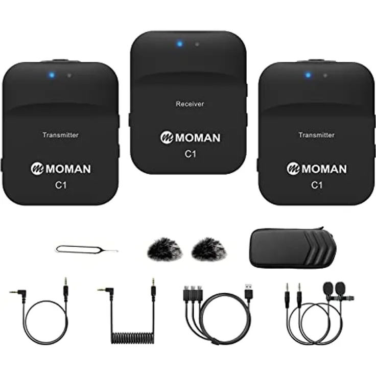 Moman Lavalier Mikrofon Wireless, C1X Ansteckmikrofon Kabellos System bis zu 50m für DSLR Kamera Camcorder Smartphone PC Laptop für Interview Online Meeting und Kurs Live Streaming Videoaufnahme