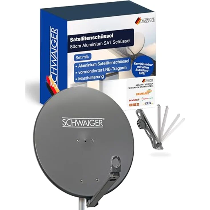 SCHWAIGER Satellitenschüssel Ø 80 cm Aluminium Offset Antenne, anthrazit, wetterfest, Multifeed geeignet, maximale Empfangsleistung 38,5 dB – Bild 1