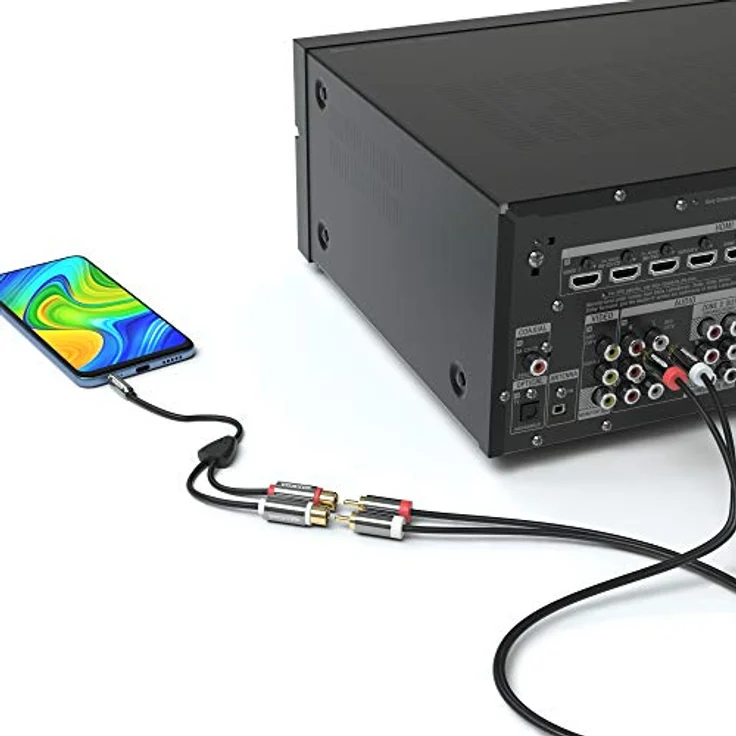 JAMEGA Cinch auf Klinke Adapter, 3.5mm Klinkenstecker auf 2 RCA Cinch Buchsen, vergoldete Kontakte aus Metall, hochwertige OFC Kupfer Innenleiter, kompatibel mit Smartphones, Tablets und Hifi-Anlagen – Bild 5
