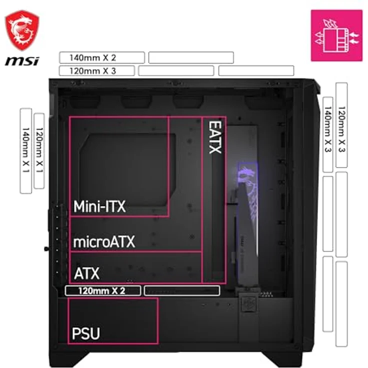 MSI MPG Gungnir 300P Airflow, PC Gehäuse für mATX, ITX, ATX, E-ATX, Schwarz, optimierte Wärmeableitung, werkzeuglos verstellbare Grafikkartenhalterung – Bild 6