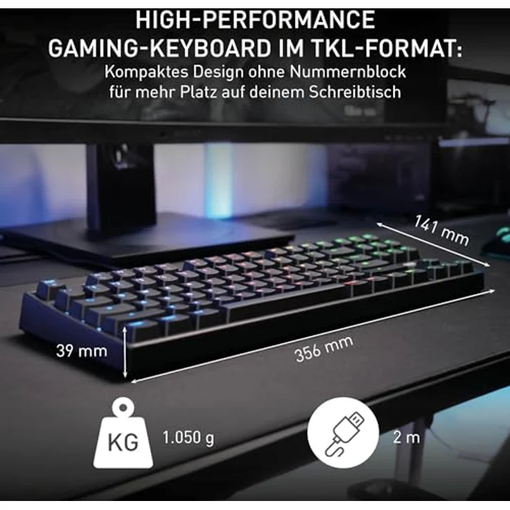 CHERRY XTRFY K4V2 TKL, Kabelgebundene Gaming-Tastatur mit RGB-Beleuchtung, Mechanische MX2A RED Switches, Pan-Nordisches Layout (QWERTY), Schwarz – Bild 2