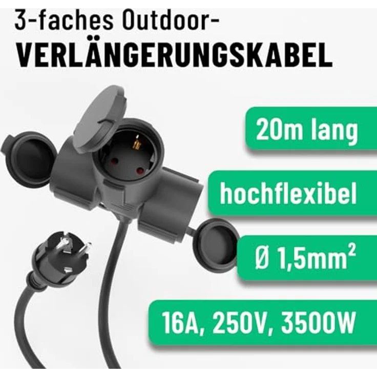 greate 3fach Verlängerungskabel außen 20 Meter - IP44 wasserdicht - 3500 W, Outdoor Extension Cord Waterproof, schwarz – Bild 2