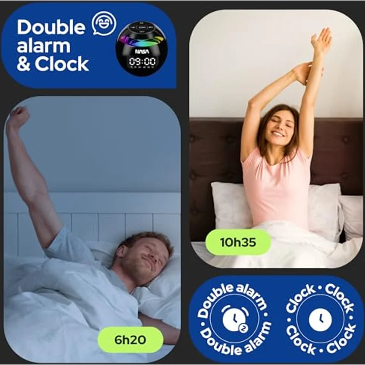 NASA Wecker SP200, Bluetooth-Lautsprecher mit 3 W, Dual-Alarm, LED-Licht und USB-C-Ladekabel – Bild 4