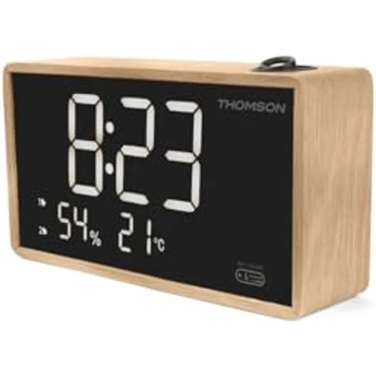 Thomson CP202T Radiowecker mit Projektor und USB-C-Ladeanschluss, doppelter Alarm, Temperatur- und Luftfeuchtigkeitsanzeige, FM-Radio, Holzdesign – Bild 1