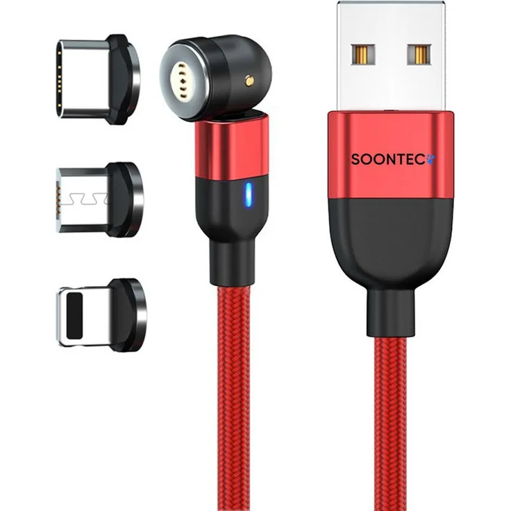 SOONTEC Magnet Ladekabel 2m Schwarz, 3-in-1 für Micro-USB, USB-C, Lightning, drehbar 360°/180°, 2,4A/3,0A