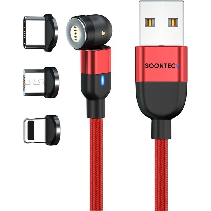 SOONTEC Magnet Ladekabel 2m Schwarz, 3-in-1 für Micro-USB, USB-C, Lightning, drehbar 360°/180°, 2,4A/3,0A
